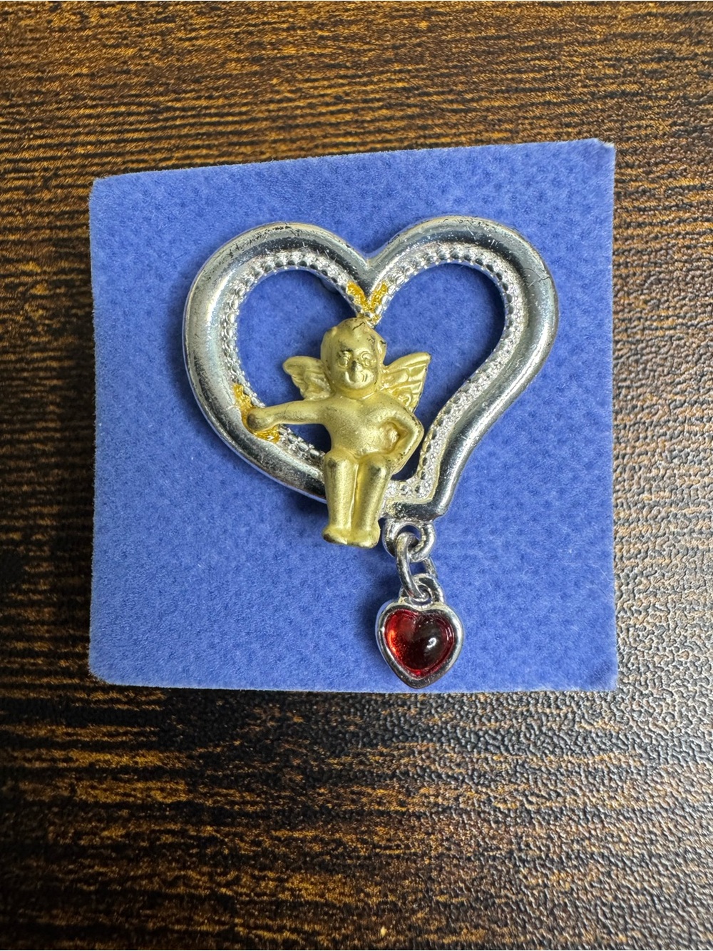 Avon Cherub Pin - Angel in Heart Pin with Red Heart Charm Dangle - Coquette